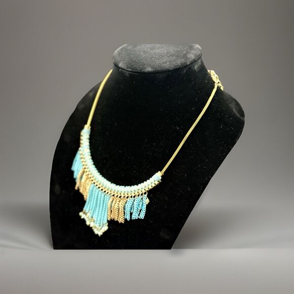 Bohemian Turquoise Blue Fringe Statement Necklace With Gold Chain - Picture 3 of 4